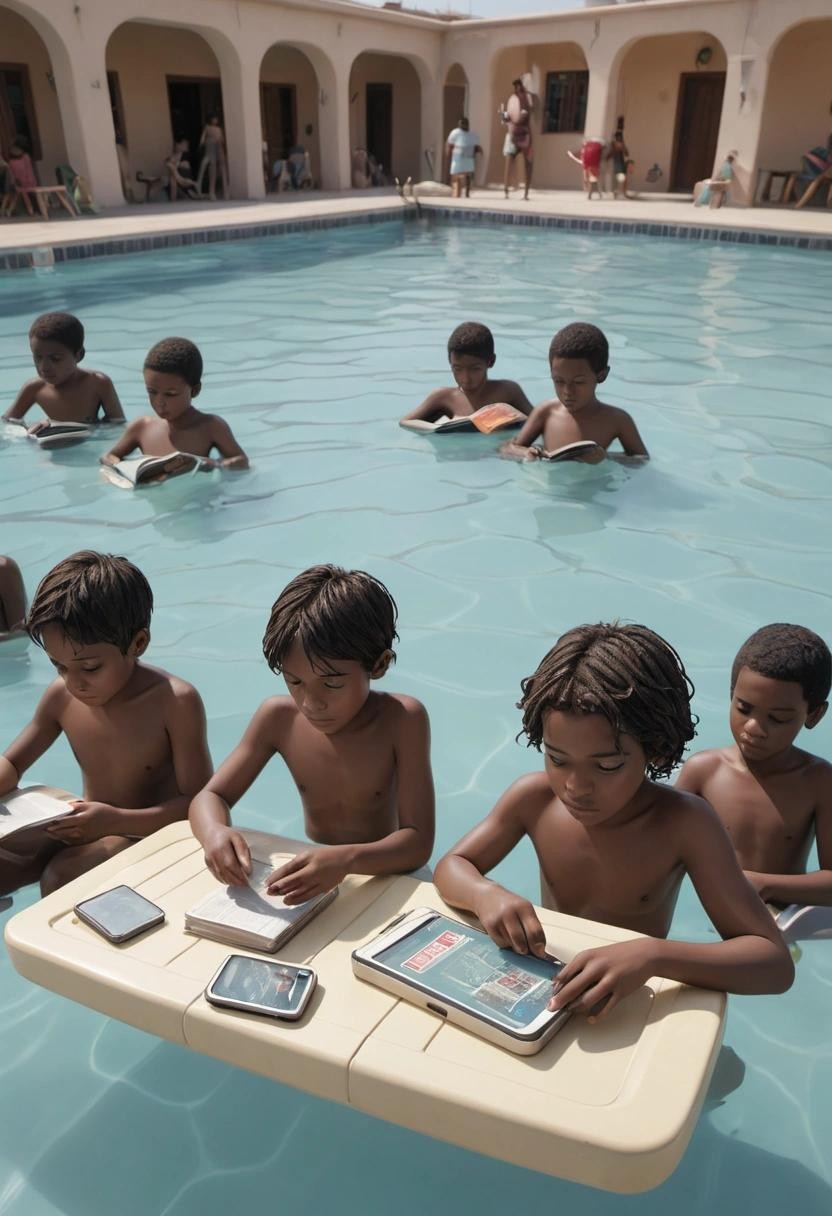 Image with seed 4049681154 generated via Stable Diffusion through @stablehorde@sigmoid.social. Prompt: a swimming pool full of cell phones instead water and a boat with few children with books in their hands###