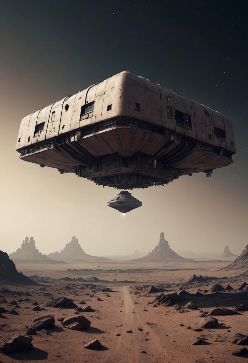 Image with seed 2935979531 generated via Stable Diffusion through @stablehorde@sigmoid.social. Prompt: a picture of an old looking cubical spaceship hovering over a dark and barren dystopian landscape###