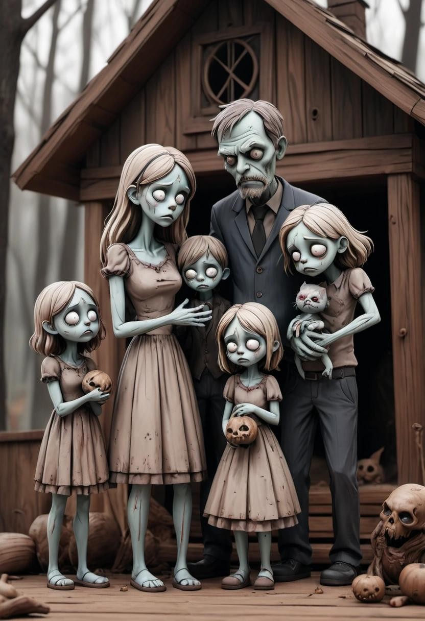 Image with seed 450345549 generated via Stable Diffusion through @stablehorde@sigmoid.social. Prompt: a sketch of a sad zombie family of four in a wooden area petting an undead cat###