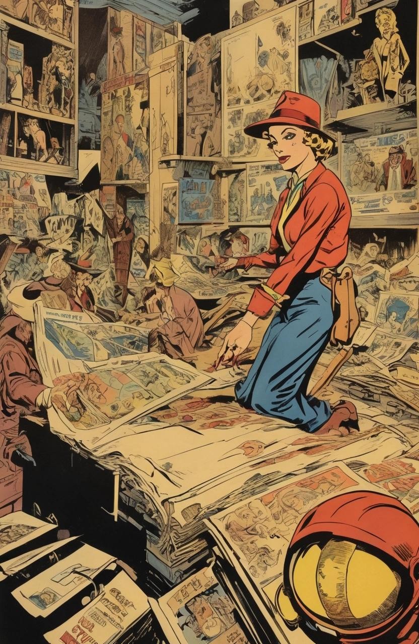 Image with seed 191654929 generated via Stable Diffusion through @stablehorde@sigmoid.social. Prompt: for , 1940s golden age comics style screen print, cover art by CC Beck and Will Eisner, (thick lines:0.7), early CMYK lithography, halftones###3d, modern, black and white, spot color