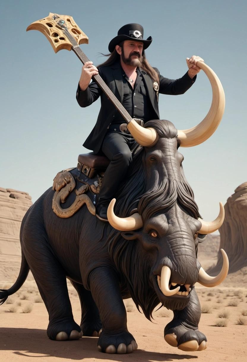 Image with seed 1339033422 generated via Stable Diffusion through @stablehorde@sigmoid.social. Prompt: Lemmy riding a Mastodon###
