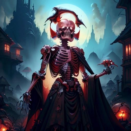 Image with seed 4039490630 generated via Stable Diffusion through @stablehorde@sigmoid.social. Prompt: skeleton necromancer, fiery skeleton head orbstaff, black and dark crimson red tattered robe, skeletons army background, art, artwork, artistic, digital art, digital painting, extremely detailed, ultra detailed, Detailed, Masterpiece, extremely sharp, ultra sharp, high resolution, high quality, 4K, HDR, orbstaff, monster , solarpunkai