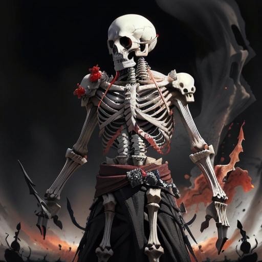 Image with seed 3401113474 generated via Stable Diffusion through @stablehorde@sigmoid.social. Prompt: skeleton necromancer, fiery skeleton head orbstaff, black and dark crimson red tattered robe, skeletons army background, art, artwork, artistic, digital art, digital painting, extremely detailed, ultra detailed, Detailed, Masterpiece, extremely sharp, ultra sharp, high resolution, high quality, 4K, HDR, orbstaff, monster , BoneyardAI