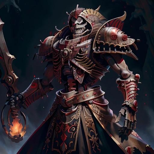Image with seed 3421044718 generated via Stable Diffusion through @stablehorde@sigmoid.social. Prompt: skeleton necromancer, fiery skeleton head orbstaff, black and dark crimson red tattered robe, skeletons army background, art, artwork, artistic, digital art, digital painting, extremely detailed, ultra detailed, Detailed, Masterpiece, extremely sharp, ultra sharp, high resolution, high quality, 4K, HDR, orbstaff, monster , OldEgyptAI