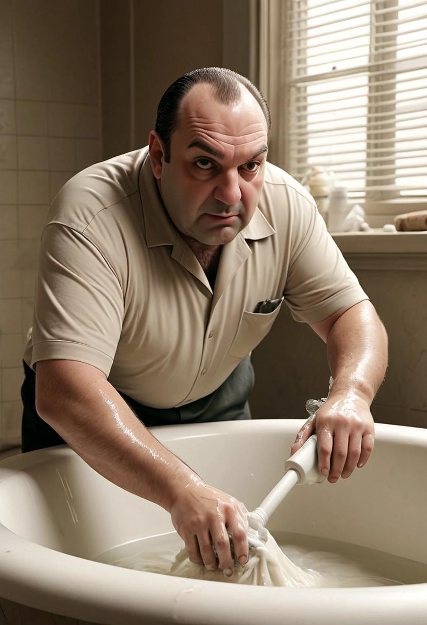 Image with seed 4217567039 generated via Stable Diffusion through @stablehorde@sigmoid.social. Prompt: tony soprano cleaning a bathtub with the power of dow scrubbing bubbles