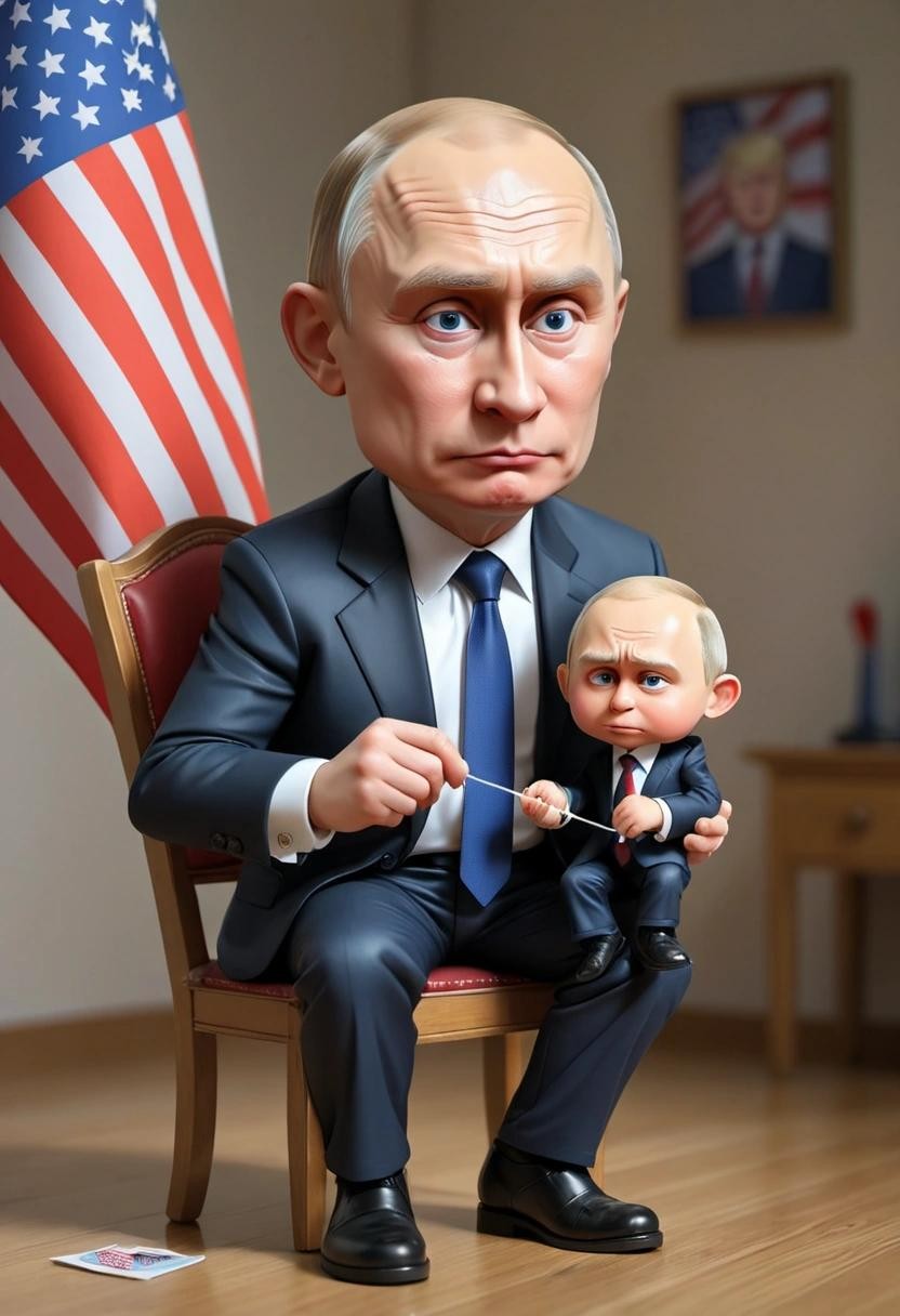 Image with seed 3102445770 generated via Stable Diffusion through @stablehorde@sigmoid.social. Prompt: a cartoon of Putin sitting on a stool. He is holding a string puppet that looks like Trump. A mix of the russian and the american flag in the background.