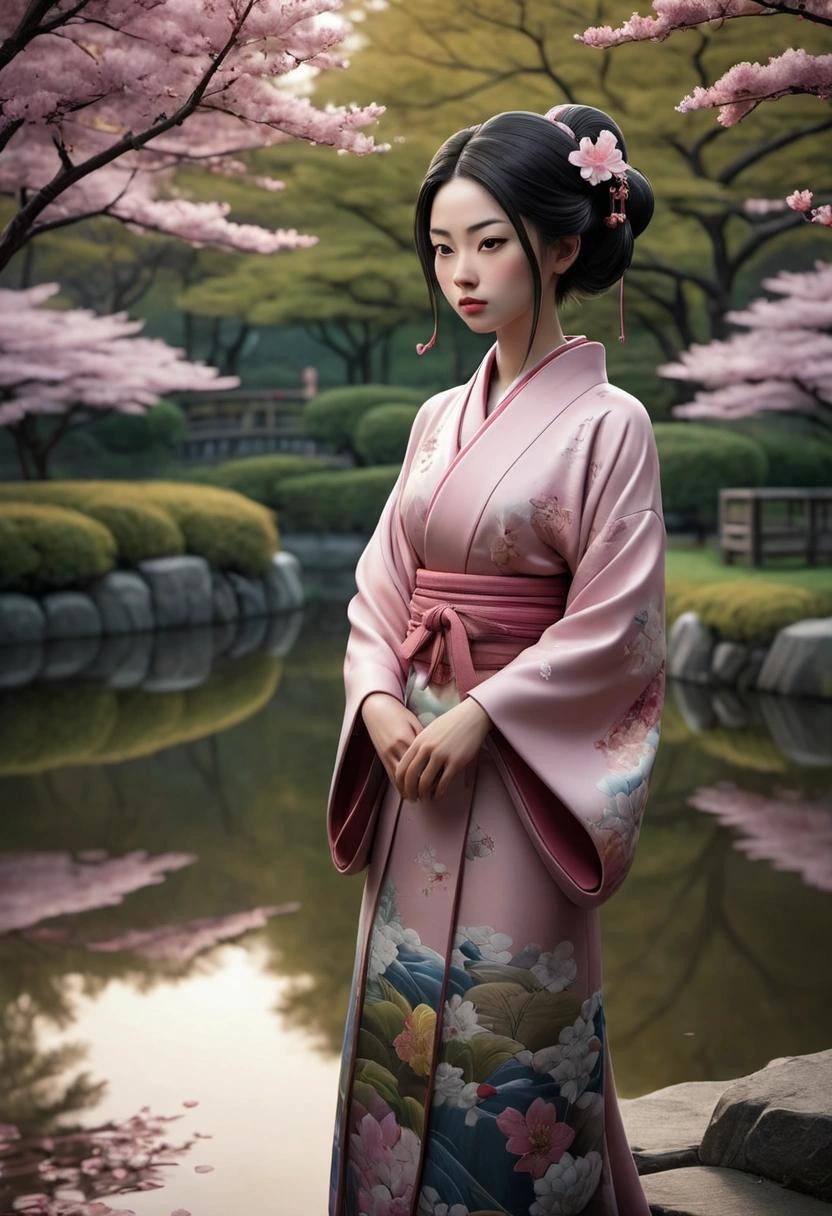 Image with seed 3524075533 generated via Stable Diffusion through @stablehorde@sigmoid.social. Prompt: arafed woman in a kimono standing in front of a pond, by Nick Gentry, royal garden landscape, blossoms, photorealistic fan art, at the terrace, feudal era japan, in a landscape, adrian borda, david la chapelle, fabulous, vladimir pchelin, april, mikado, beautifull, shohei otomo, softly lit