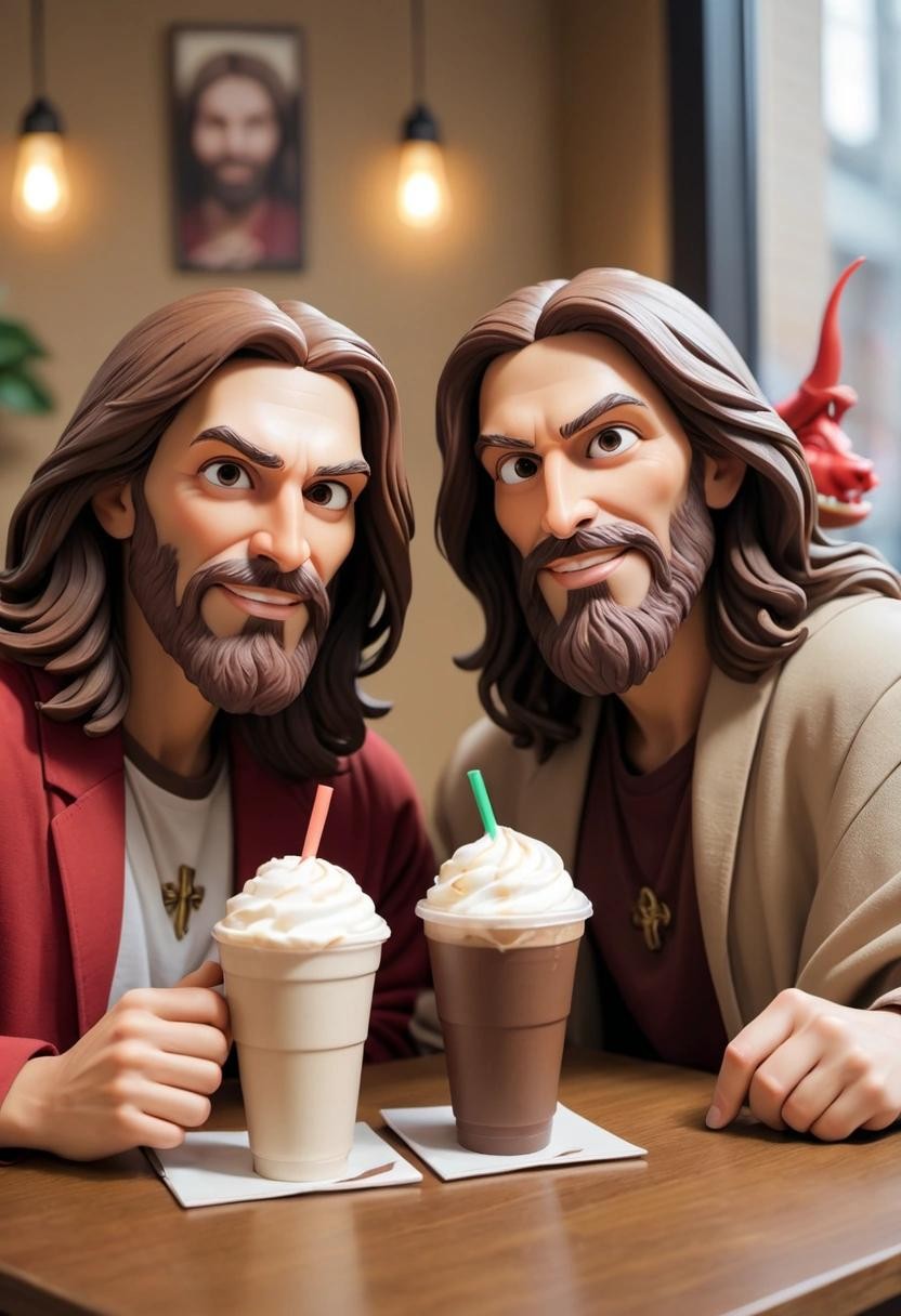 Image with seed 385532033 generated via Stable Diffusion through @stablehorde@sigmoid.social. Prompt: Jesus and the devil enjoying mocha frappucinos together at a cafe