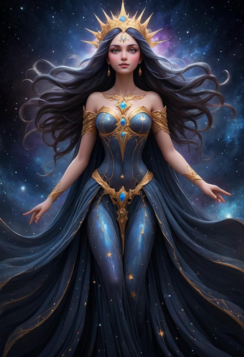 Image with seed 2597294942 generated via Stable Diffusion through @stablehorde@sigmoid.social. Prompt: Goddess, Lady of the Stars, painting the night sky with beautiful lights, Varda, Elbereth Gilthoniel, Night Queen, beautiful, majestic, galactic