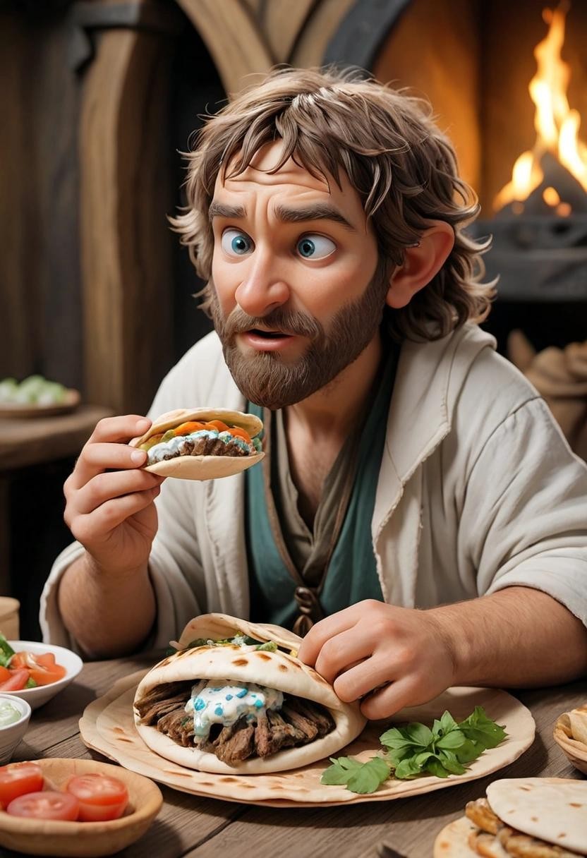 Image with seed 3598608789 generated via Stable Diffusion through @stablehorde@sigmoid.social. Prompt: a hobbit eating a gyros pita with tzatziki