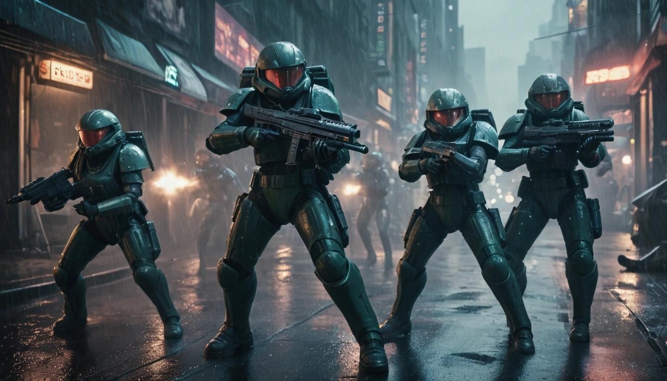 Image with seed 2273156388 generated via Stable Diffusion through @stablehorde@sigmoid.social. Prompt: a squad of female space marines in a blaster fight with aliens on a dark city street in the rain 
