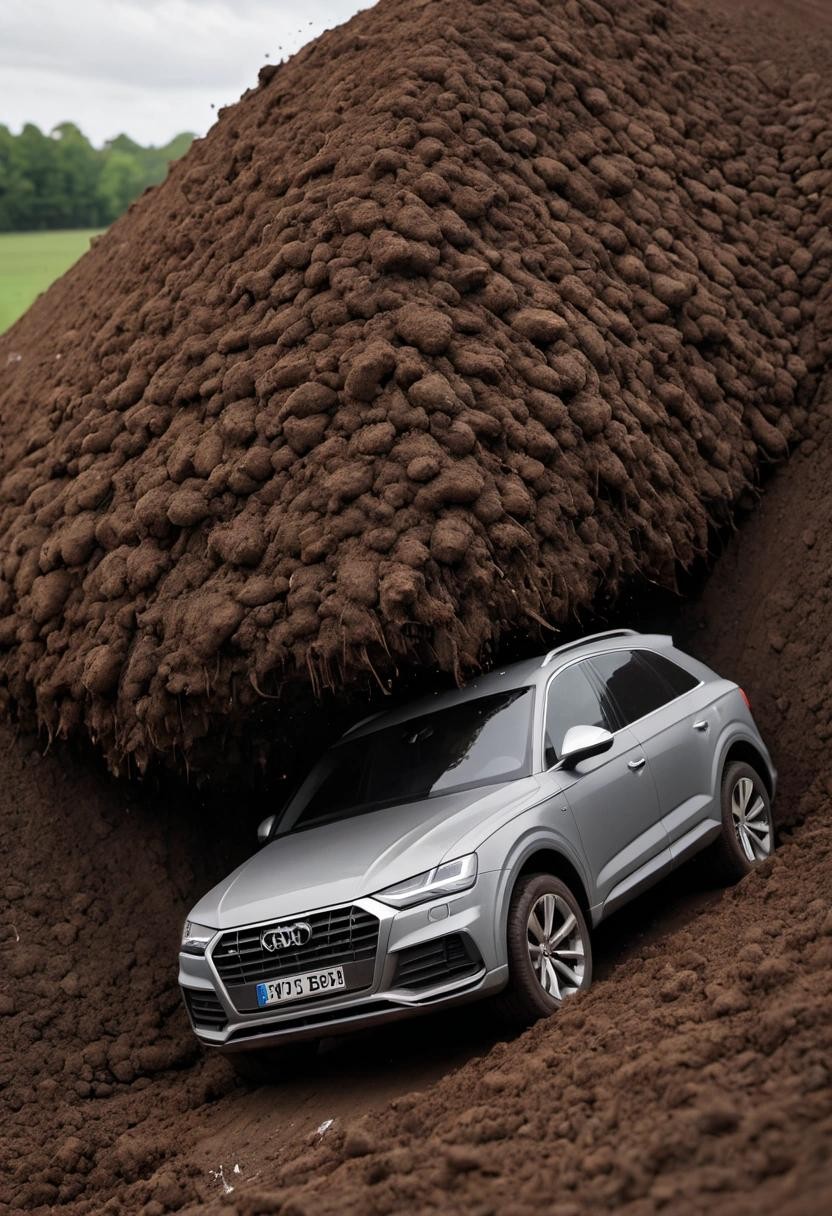Image with seed 2479021786 generated via Stable Diffusion through @stablehorde@sigmoid.social. Prompt: an Audi SUV driving through a pile of horse shit.