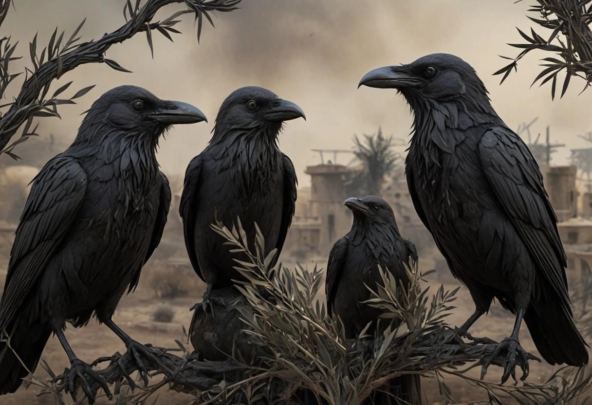 Image with seed 3934212750 generated via Stable Diffusion through @stablehorde@sigmoid.social. Prompt: dystopian style three black ravens with olive branches in their beaks and a burning olive tree in the background  . bleak, post-apocalyptic, somber, dramatic, highly detailed###,ugly, deformed, noisy, blurry, low contrast, cheerful, optimistic, vibrant, colorful