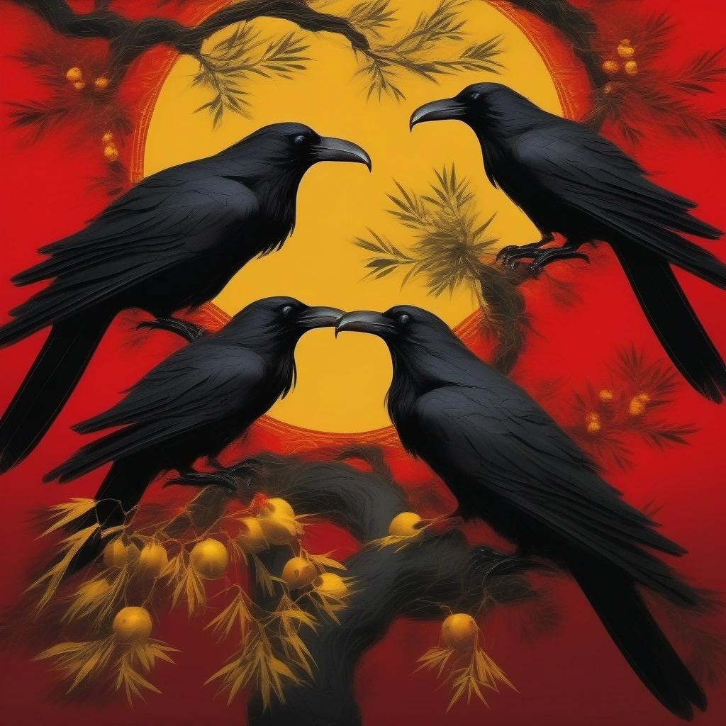Image with seed 433487800 generated via Stable Diffusion through @stablehorde@sigmoid.social. Prompt: a digital oil painting of three black ravens with olive branches in their beaks and a burning olive tree in the background . year of the dragon. Chinese motif, red, yellow, gold, and jade color palette, intricate linework, black background. high-angle shot###