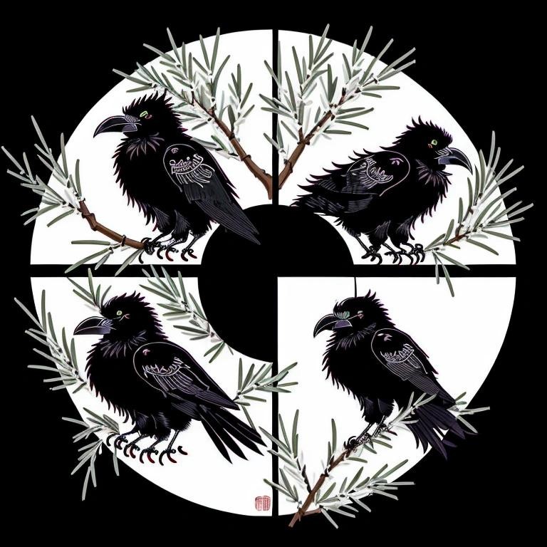 Image with seed 2834287376 generated via Stable Diffusion through @stablehorde@sigmoid.social. Prompt: (Minimalistic Chinese Pictogram depicting four black ravens with olive branches in their beaks and a burning olive tree in the background :1.2), best quality, Masterpiece, Super detailed and intricate, Minimalistic, High contrast, Crisp quality, Textured ### , Poor Resolution, Lack of Details, Poor Quality, Ugly, Tiling, Smudged, Out of focus, Out of bounds, Watermarks, Cgi, Badly drawn