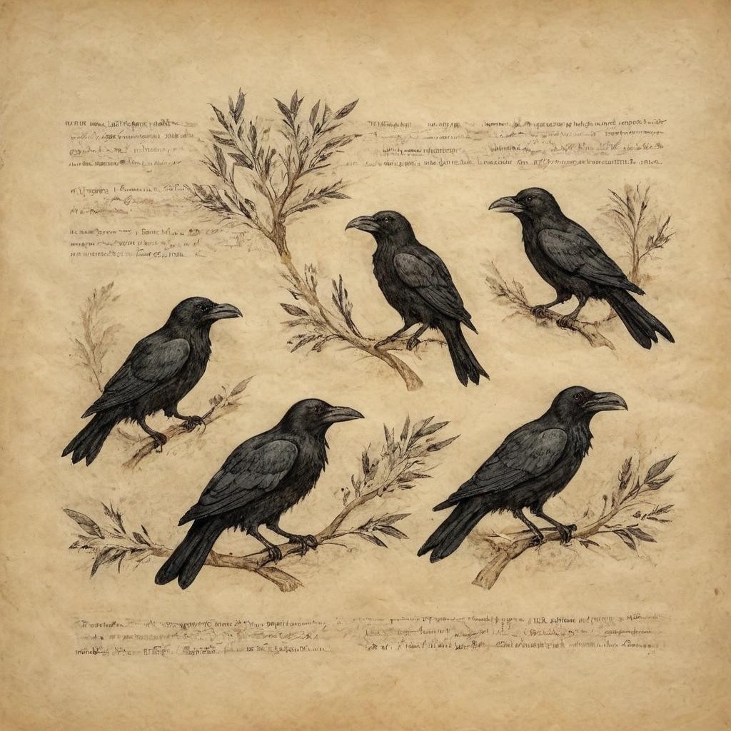 Image with seed 641794636 generated via Stable Diffusion through @stablehorde@sigmoid.social. Prompt: on parchment, ink illustration, four black ravens with olive branches in their beaks and a burning olive tree in the background 
