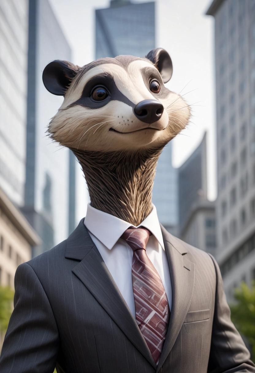 Image with seed 3448005814 generated via Stable Diffusion through @stablehorde@sigmoid.social. Prompt: a anthropomorphic badger wearing a modern business suit with the Frankfurt stock exchange in the background