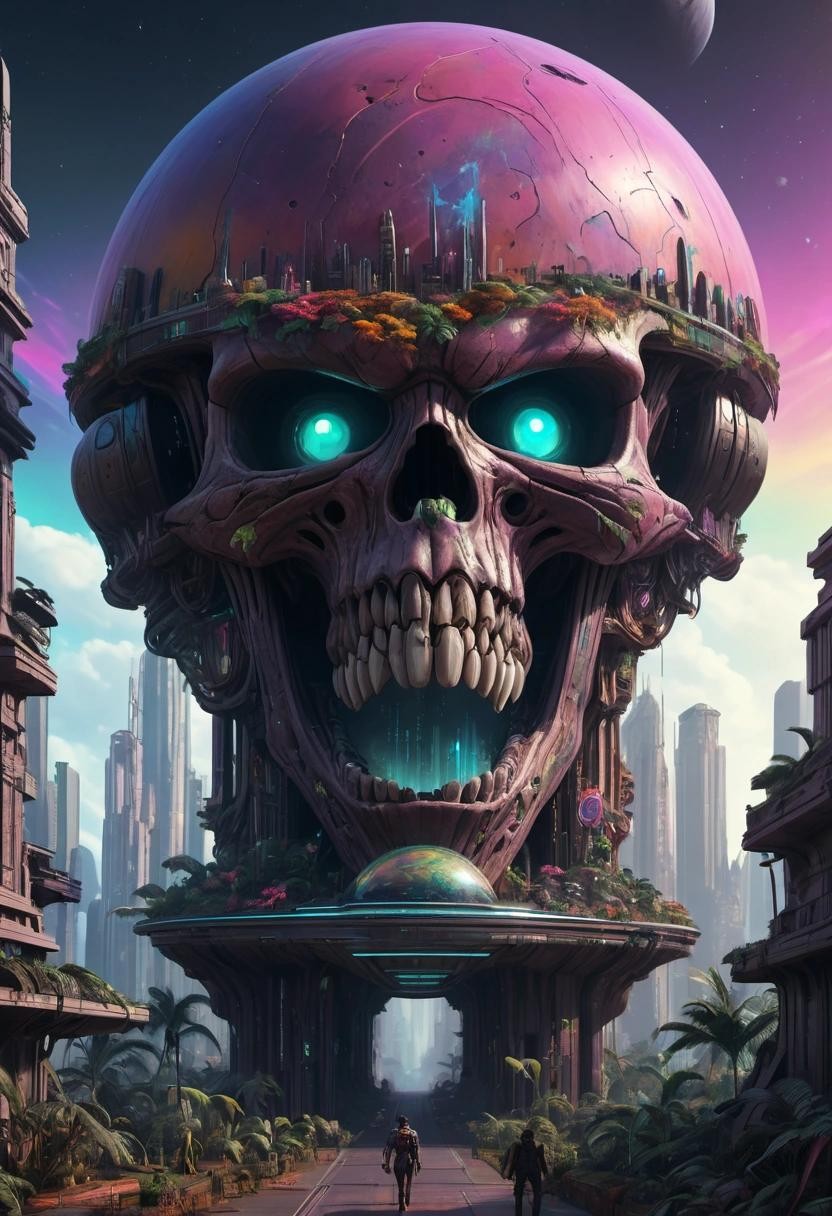 Image with seed 235288242 generated via Stable Diffusion through @stablehorde@sigmoid.social. Prompt: an interstellar space opera cyberpunk city built into the giant skull of an ancient god on a strange rainbow coloured jungle planet