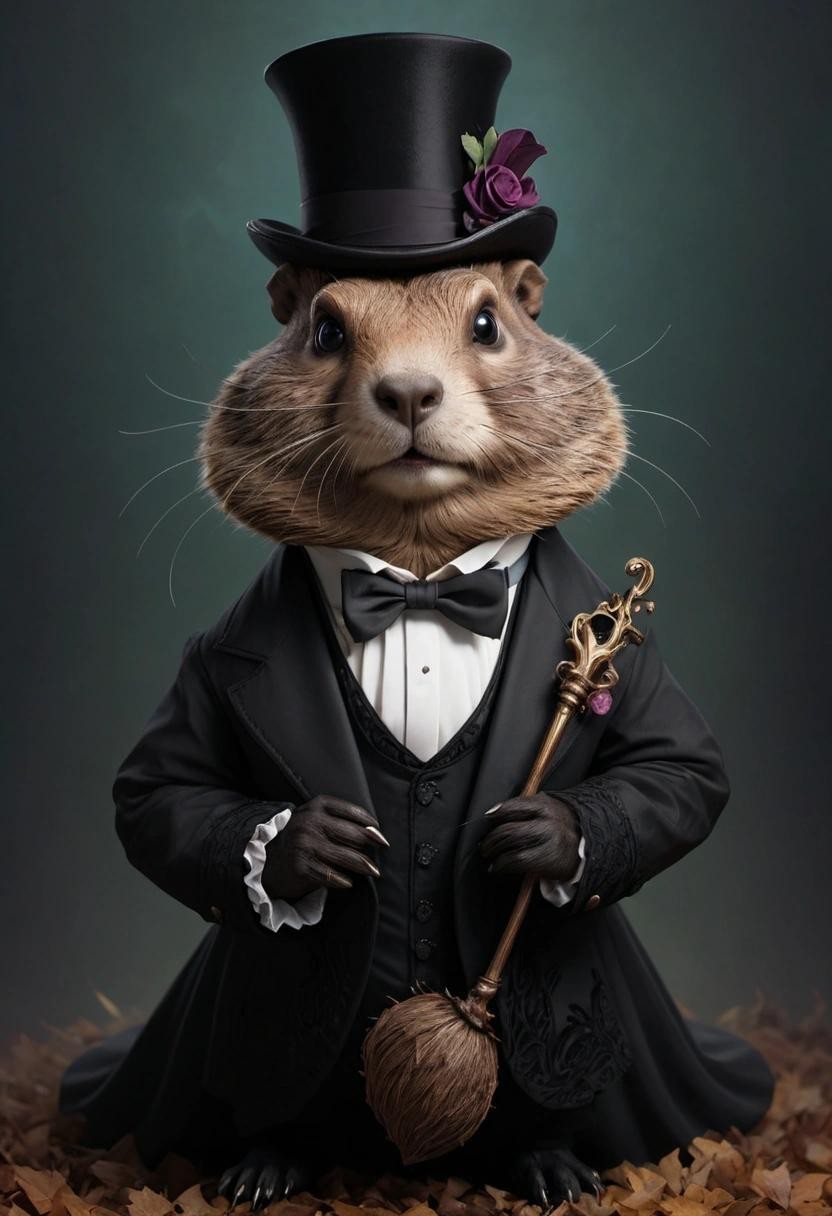 Image with seed 3789112578 generated via Stable Diffusion through @stablehorde@sigmoid.social. Prompt: elegant gothic aristocrat groundhog