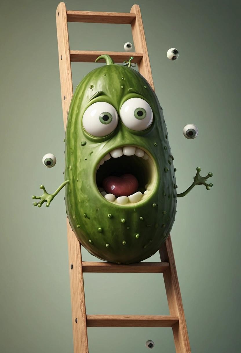 Image with seed 2663232928 generated via Stable Diffusion through @stablehorde@sigmoid.social. Prompt: paranoid cucumber with popping eyeballs  jumping upon a ladder