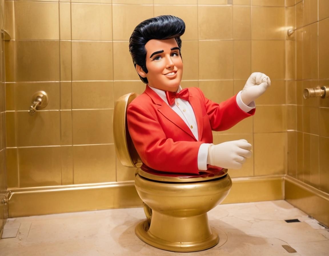 Image with seed 649480263 generated via Stable Diffusion through @stablehorde@sigmoid.social. Prompt: (cute), a photo of Donald Trump wearing an Elvis wig, with his face red and bloated, sitting on a gold toilet , (classic disney animation)###, 3d, horror, ugly, photorealistic