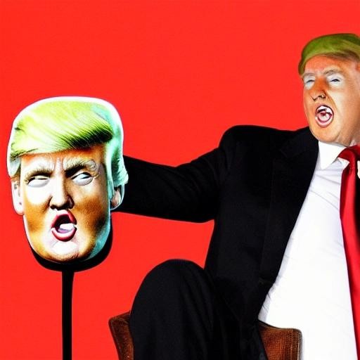Image with seed 272448648 generated via Stable Diffusion through @stablehorde@sigmoid.social. Prompt: a photo of Donald Trump wearing an Elvis wig, with his face red and bloated, sitting on a gold toilet 