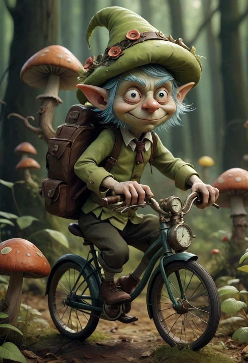 Image with seed 3956433193 generated via Stable Diffusion through @stablehorde@sigmoid.social. Prompt: lost souls in the forest of time, goblin riding a bicycle, fairies, mushrooms, gnomes, weird furry creatures, clocks, pocketwatches, surrealism, dreamlike, magical, whimsical