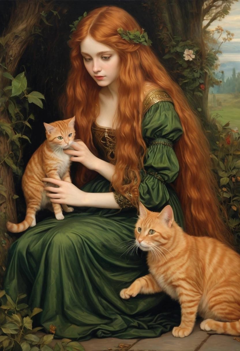 Image with seed 1108984702 generated via Stable Diffusion through @stablehorde@sigmoid.social. Prompt: Oil painting, academic art, romanticism, Pre-Raphaelite, beautiful Elf Princess with long ginger hair playing with her cat  