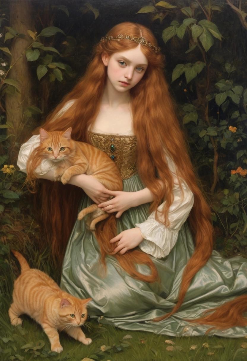 Image with seed 1108984702 generated via Stable Diffusion through @stablehorde@sigmoid.social. Prompt: Oil painting, academic art, romanticism, Pre-Raphaelite, beautiful Elf Princess with long ginger hair playing with her cat  