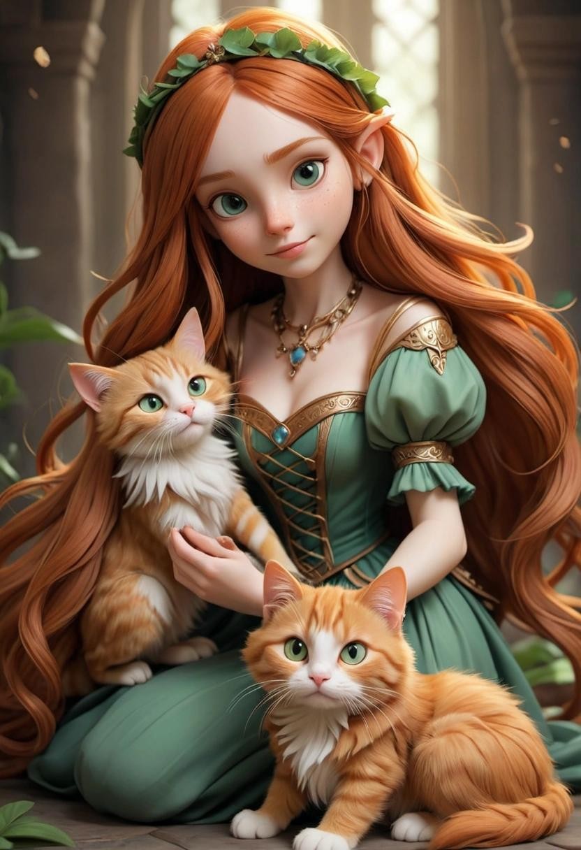 Image with seed 2597013786 generated via Stable Diffusion through @stablehorde@sigmoid.social. Prompt: a beautiful Elf princess with long ginger hair playing with her cat