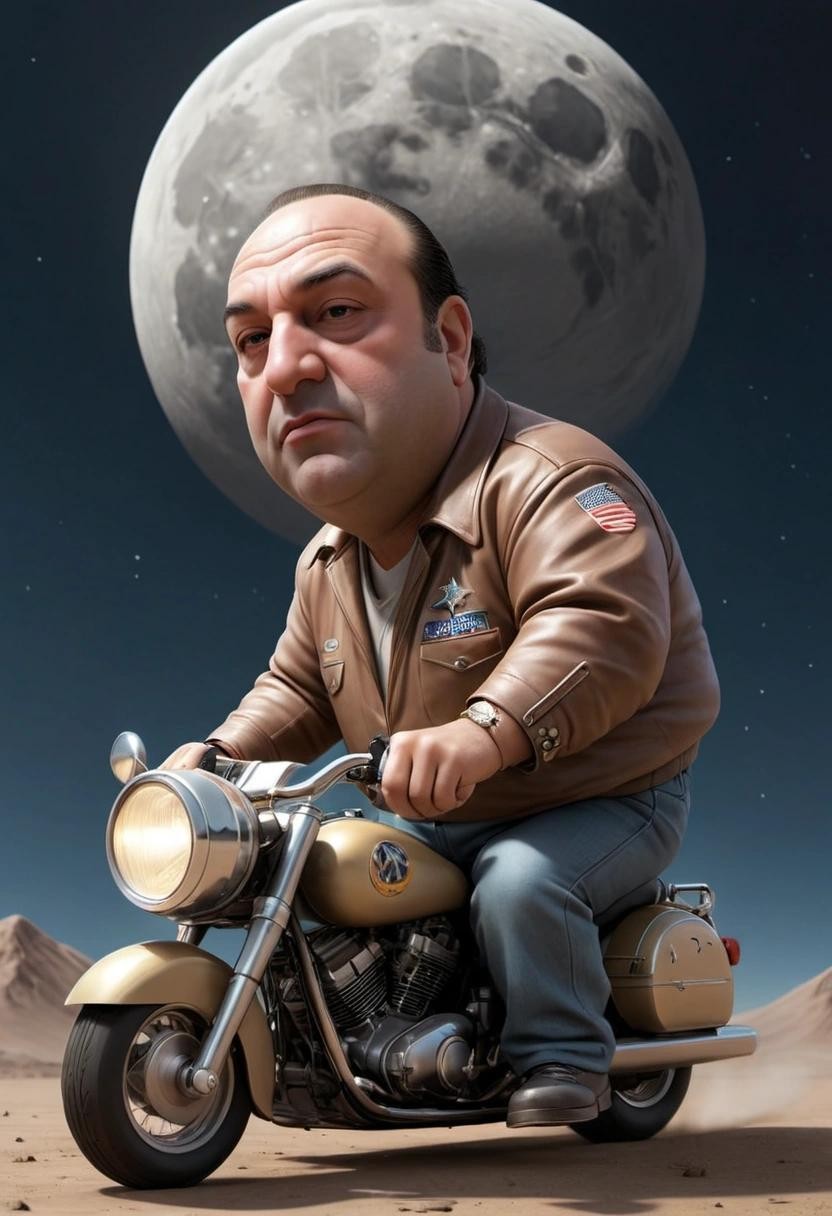 Image with seed 1513163035 generated via Stable Diffusion through @stablehorde@sigmoid.social. Prompt: tony soprano if he were flying to the moon on a motorcycle