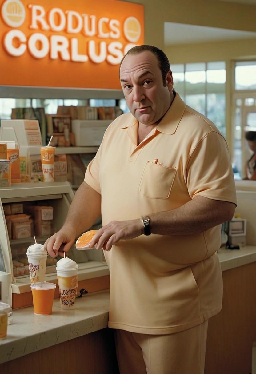 Image with seed 329671109 generated via Stable Diffusion through @stablehorde@sigmoid.social. Prompt: tony soprano selling orange julius at the kiosk in his living room