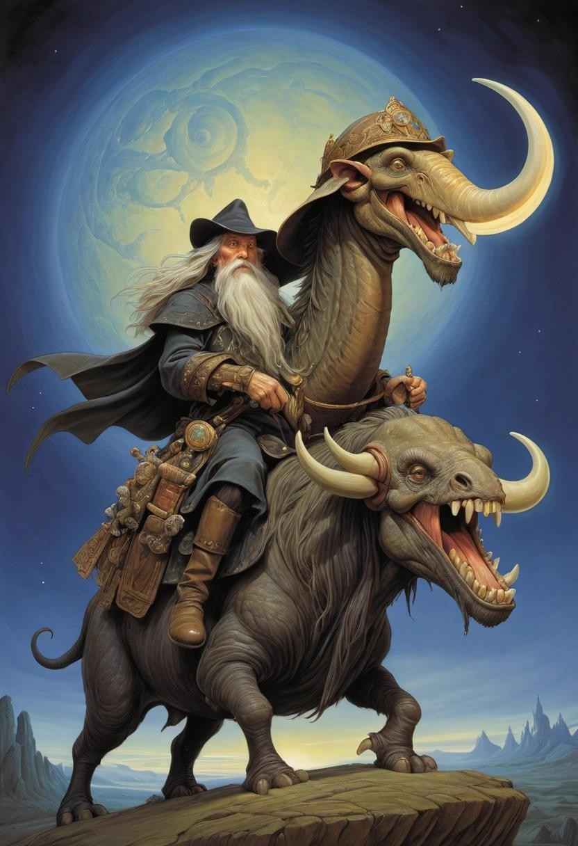 Image with seed 1044953406 generated via Stable Diffusion through @stablehorde@sigmoid.social. Prompt: John Mastodon the Discworld novel, cover art by Paul Kidby