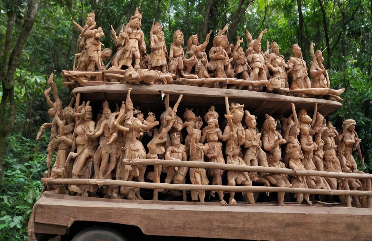 Image with seed 1234121813 generated via Stable Diffusion through @stablehorde@sigmoid.social. Prompt: a bus full of wooden statues on their way to the forest 