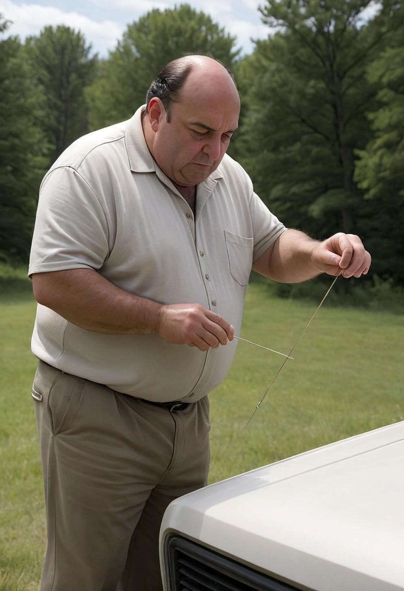 Image with seed 2768671300 generated via Stable Diffusion through @stablehorde@sigmoid.social. Prompt: tony soprano tuning an antenna for the 40-meter band on thursday of three weeks ago