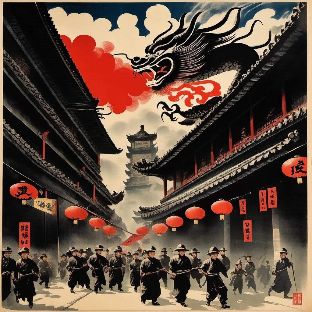 Image with seed 3643972873 generated via Stable Diffusion through @stablehorde@sigmoid.social. Prompt: 1949 Chinese propaganda poster featuring the protest of the black bloc in the streets , painted by Dong Xiwen, (chinese dragon:1.06), chinese kanji, cloudy skies, vintage, best quality ### , bad anatomy, bad fingers, bad hands, bad proportions, blurry, clone, cropped, deformed, deformed face, deformed fingers, disfigured, duplicate, extra digits, extra fingers, extra hands, extra limbs, gross proportions, jpeg artifacts, low quality, lowres, missing digits, missing limbs, mutilated, mutilated hands, poorly drawn face, poorly drawn hands, watermark, worst quality