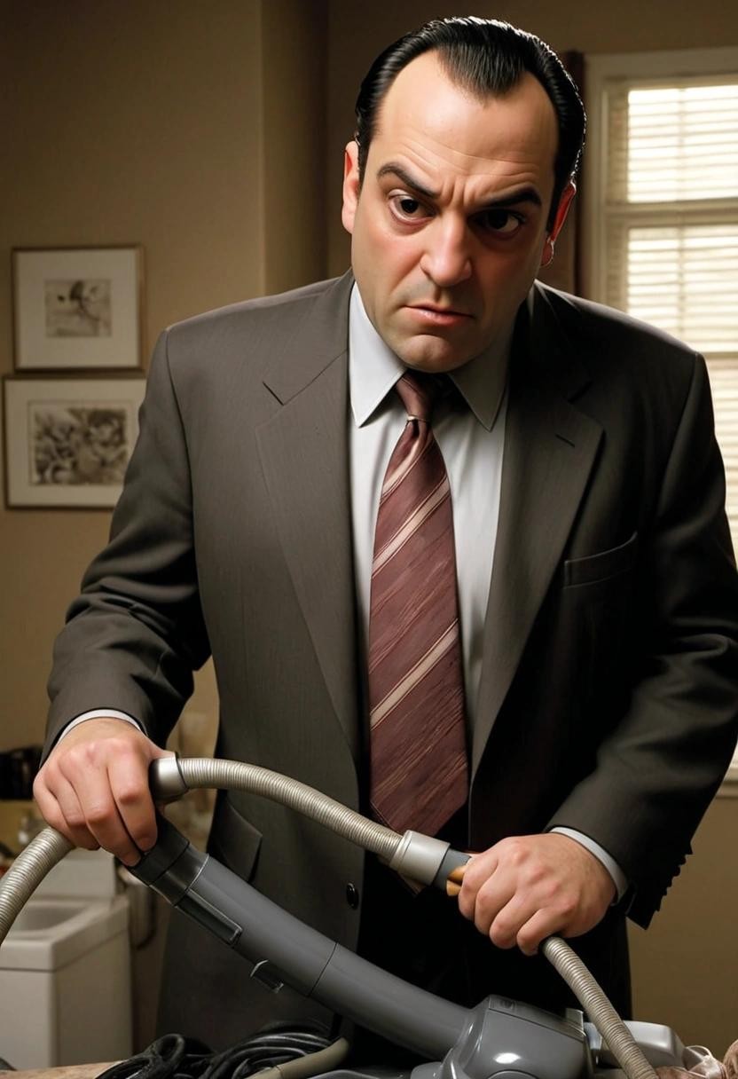 Image with seed 4201701013 generated via Stable Diffusion through @stablehorde@sigmoid.social. Prompt: that famous episode of the sopranos where tony got his tie stuck in the vacuum cleaner