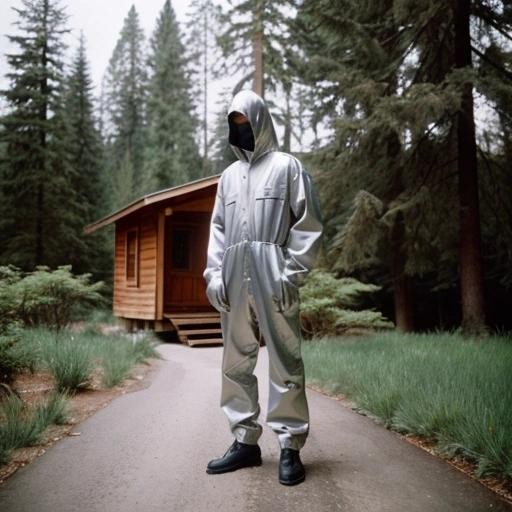 Image with seed 2998757615 generated via Stable Diffusion through @stablehorde@sigmoid.social. Prompt: a photograph of a grey space alien wearing a silver jumpsuit standing on the porch of a cabin in the woods comically trying to nonchalantly stand inconspicuously so it won’t be noticed , POV, by lee jeffries, nikon d850, film stock photograph ,4 kodak portra 400 ,camera f1.6 lens ,rich colors ,hyper realistic ,lifelike texture, dramatic lighting , cinestill 800