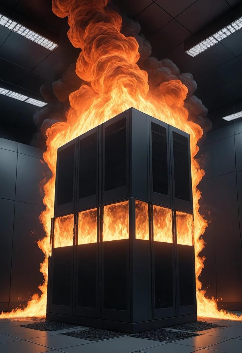 Image with seed 779077754 generated via Stable Diffusion through @stablehorde@sigmoid.social. Prompt: a picture of a burning datacenter