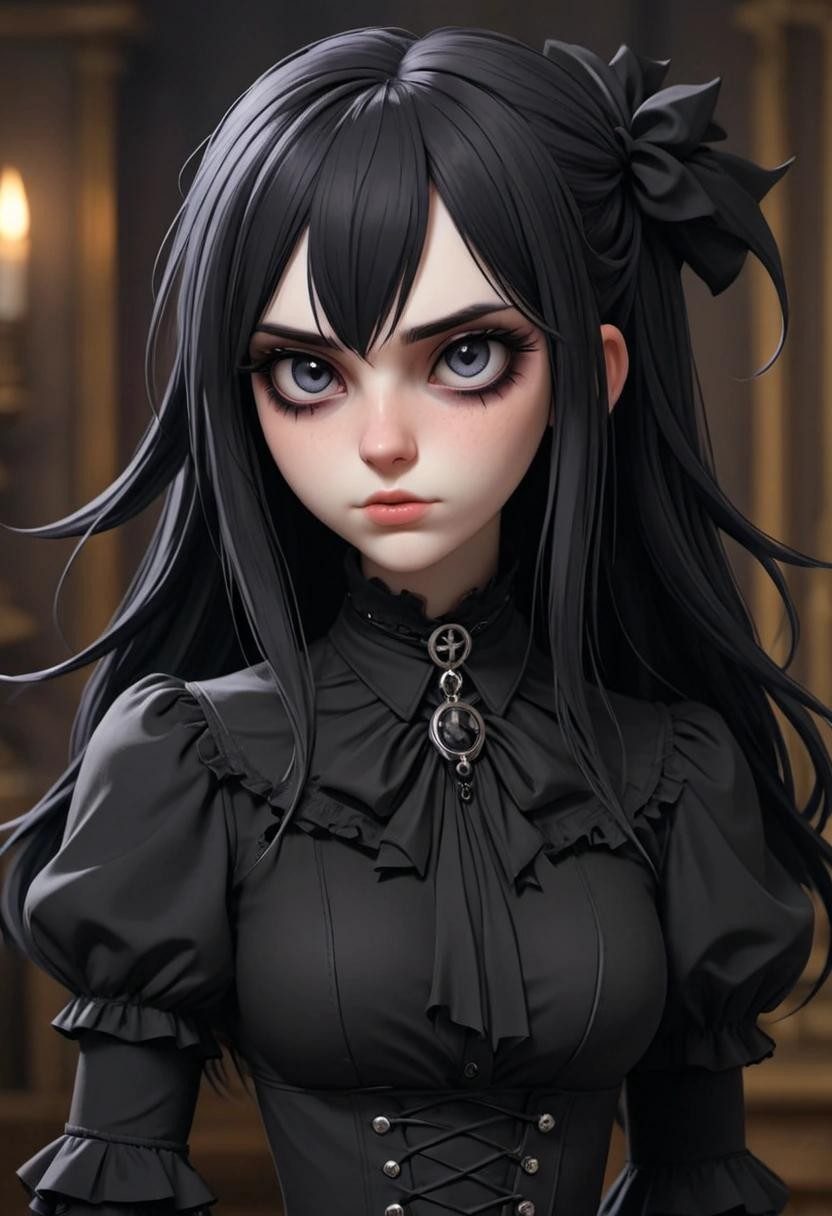 Image with seed 298913204 generated via Stable Diffusion through @stablehorde@sigmoid.social. Prompt: a big toddy goth waifu
