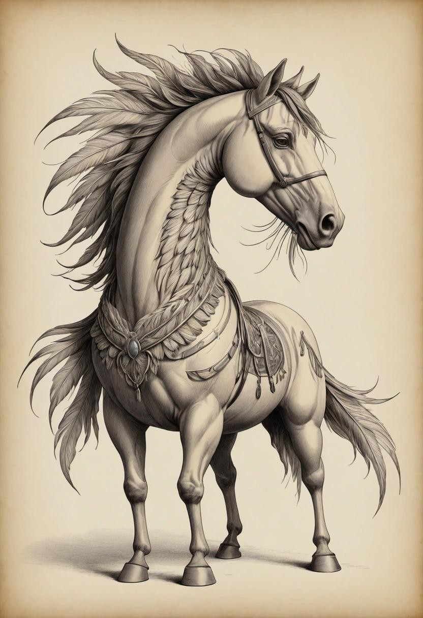 Image with seed 1312630421 generated via Stable Diffusion through @stablehorde@sigmoid.social. Prompt: a horse but with feathers in the style of a biological drawing from 1850.