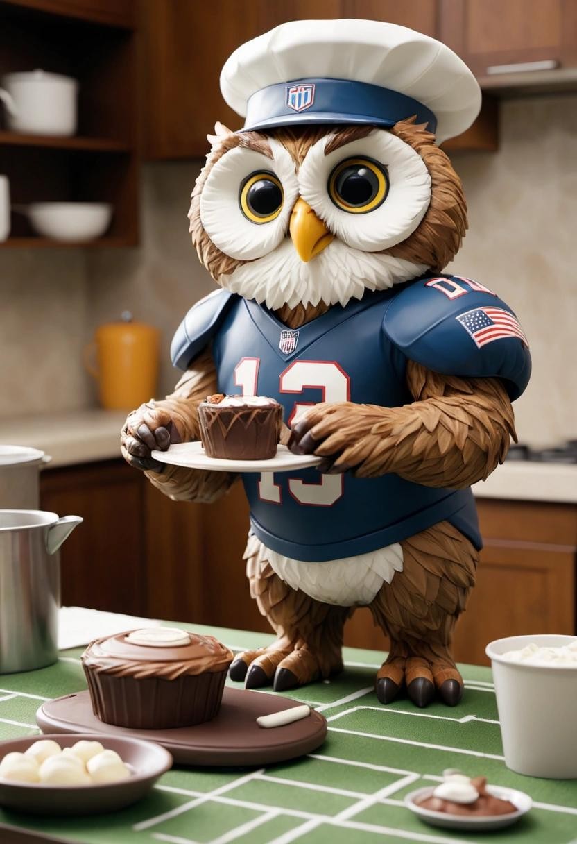 Image with seed 809650208 generated via Stable Diffusion through @stablehorde@sigmoid.social. Prompt: an owl in an american football uniform baking a cake