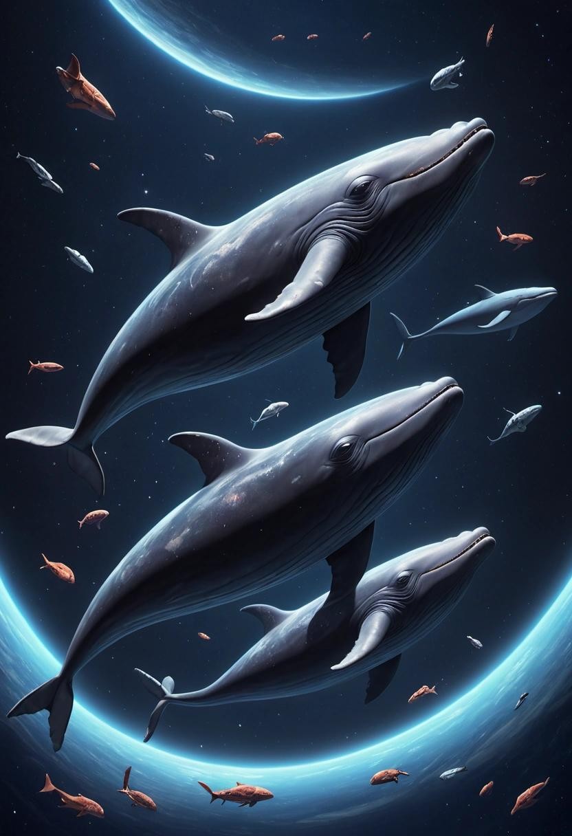 Image with seed 780057811 generated via Stable Diffusion through @stablehorde@sigmoid.social. Prompt: Whales in Space