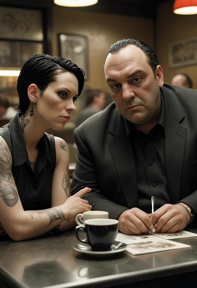 Image with seed 1962930803 generated via Stable Diffusion through @stablehorde@sigmoid.social. Prompt: tony soprano and lisbeth salander having an affair in the coffee shop