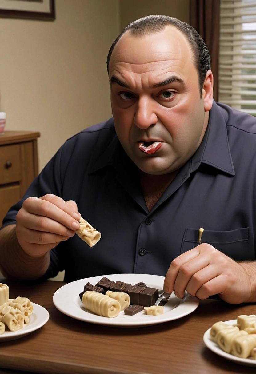 Image with seed 1241739728 generated via Stable Diffusion through @stablehorde@sigmoid.social. Prompt: tony soprano eating and serving salmiakki licorice