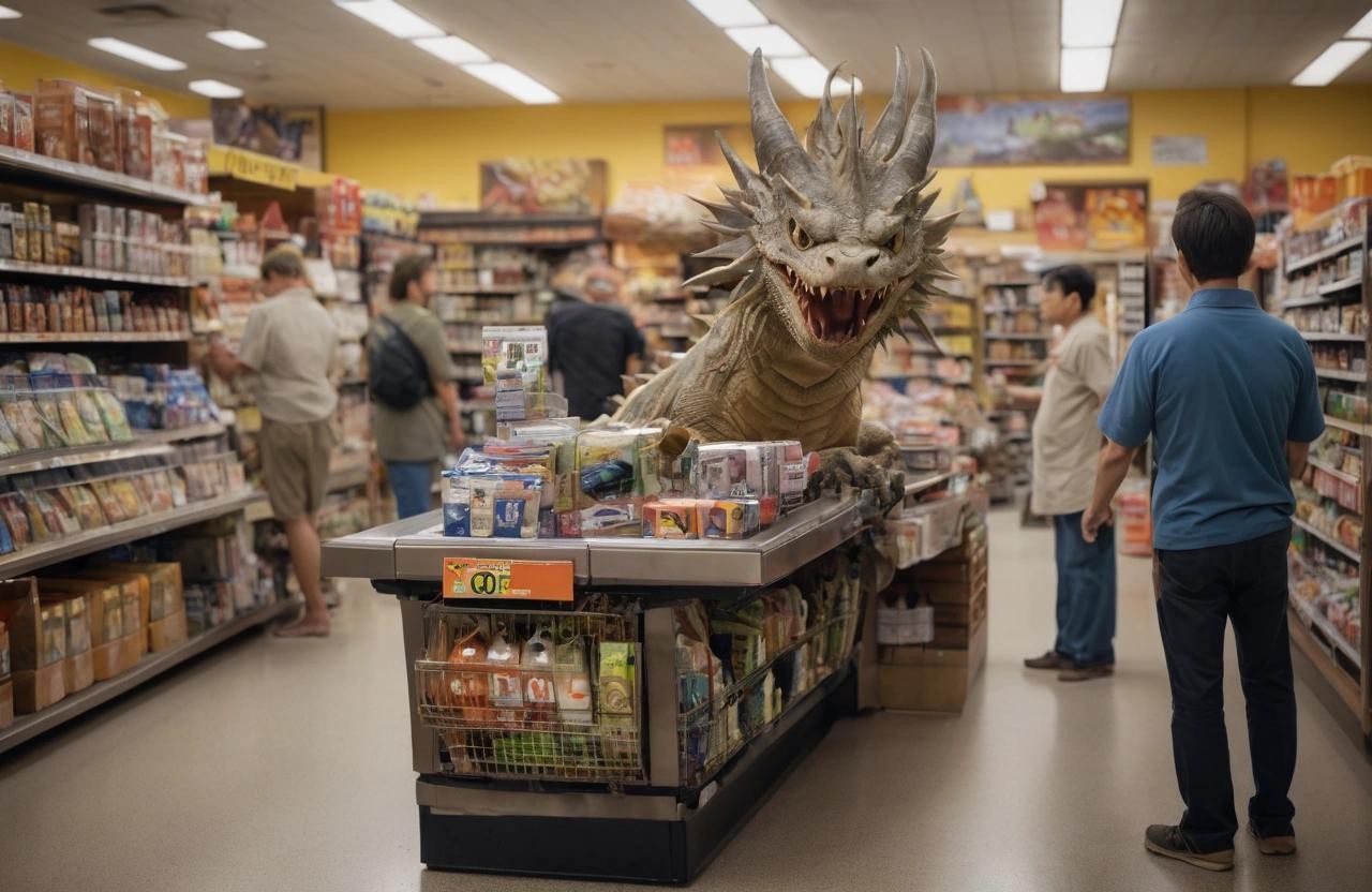Image with seed 3661091676 generated via Stable Diffusion through @stablehorde@sigmoid.social. Prompt: a dragon at the checkout line of a grocery store , wildlife photography, photograph, high quality, wildlife, f 1.8, soft focus, 8k, national geographic, award-winning photograph by nick nichols###