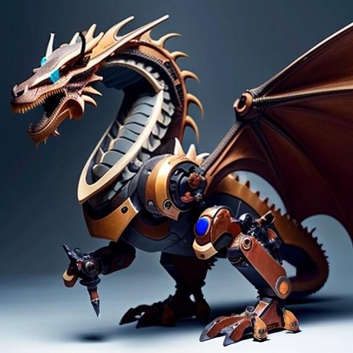Image with seed 792577111 generated via Stable Diffusion through @stablehorde@sigmoid.social. Prompt: a dragon that is a mechanical robot 