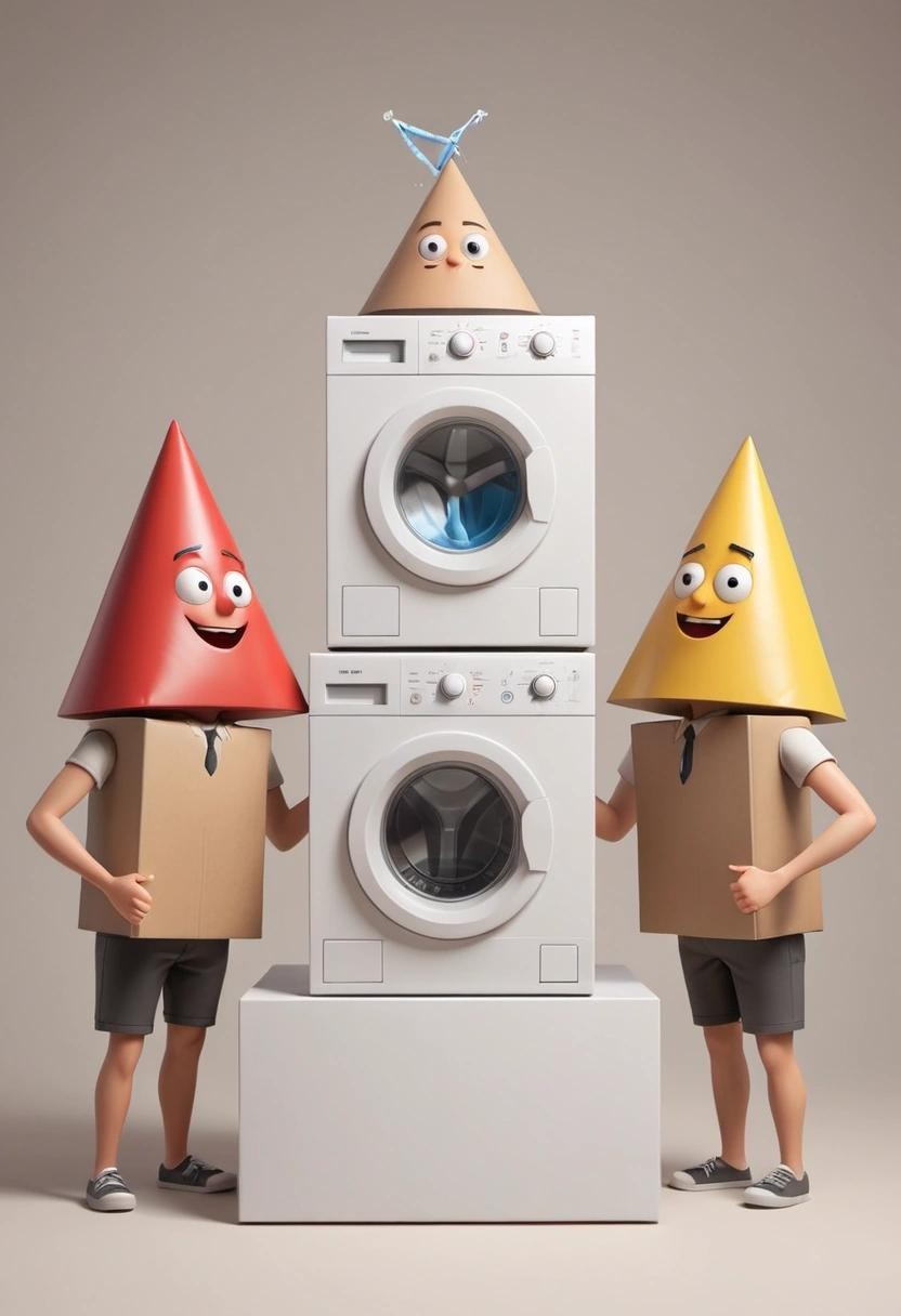 Image with seed 1715901276 generated via Stable Diffusion through @stablehorde@sigmoid.social. Prompt: a triangle, a box and a washing machine as if it were three individual characters who are celebrating together 