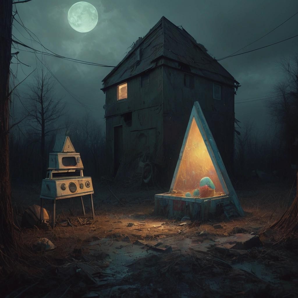 Image with seed 2022009399 generated via Stable Diffusion through @stablehorde@sigmoid.social. Prompt: highly detailed digital painting of a triangle, a box and a washing machine as if it were three individual characters who are celebrating together , highly realistic fantasy concept art by Darek Zabrocki and Zdzisław Beksiński, paint strokes, intricate, eerie scenery, dark volumetric lighting, triadic color scheme, very coherent, sharp focus, illustration, film grain, spooky vibe