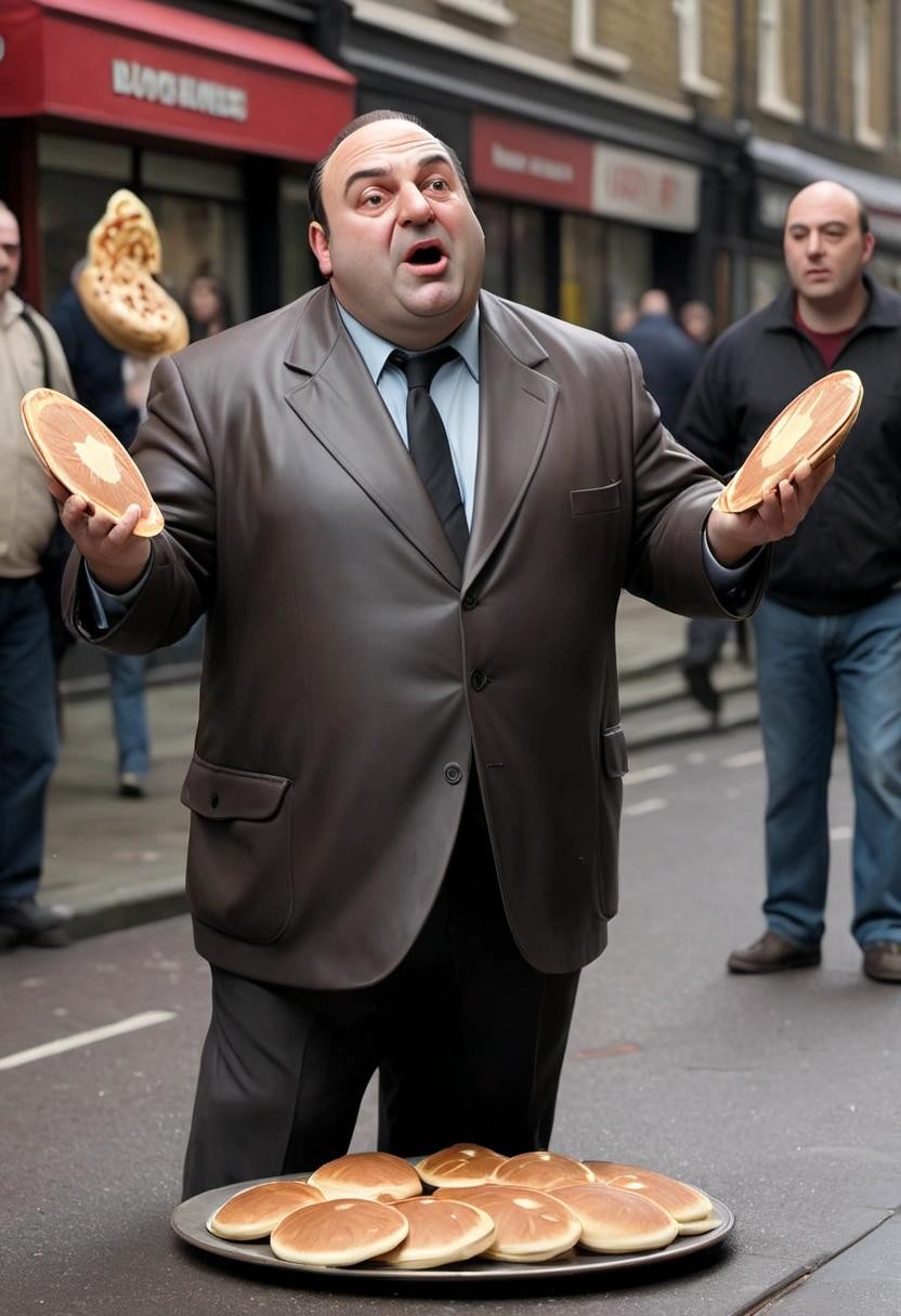 Image with seed 1662755294 generated via Stable Diffusion through @stablehorde@sigmoid.social. Prompt: tony soprano juggling pancake respirators in london